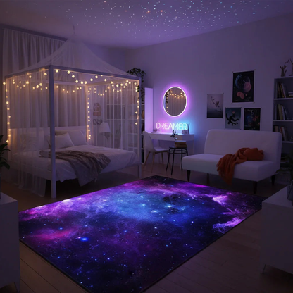 Tapis enfant nébuleuse violette pour une chambre magique