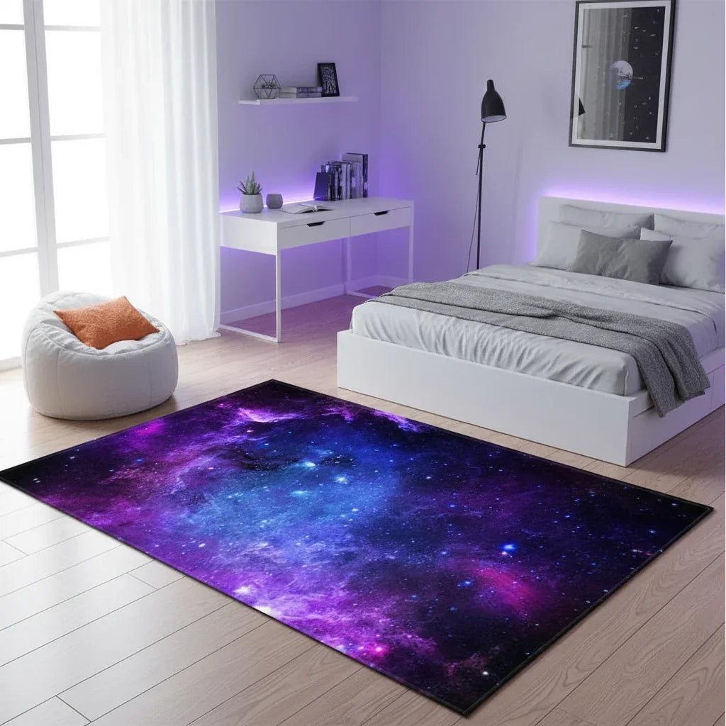 Tapis enfant nébuleuse violette pour une chambre magique