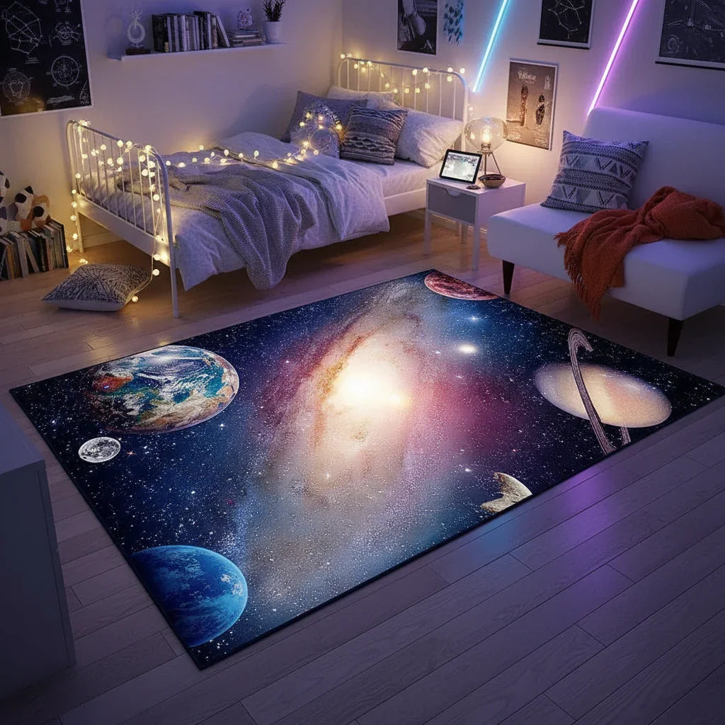 Tapis enfant planètes galaxie pour une chambre d'éveil magique