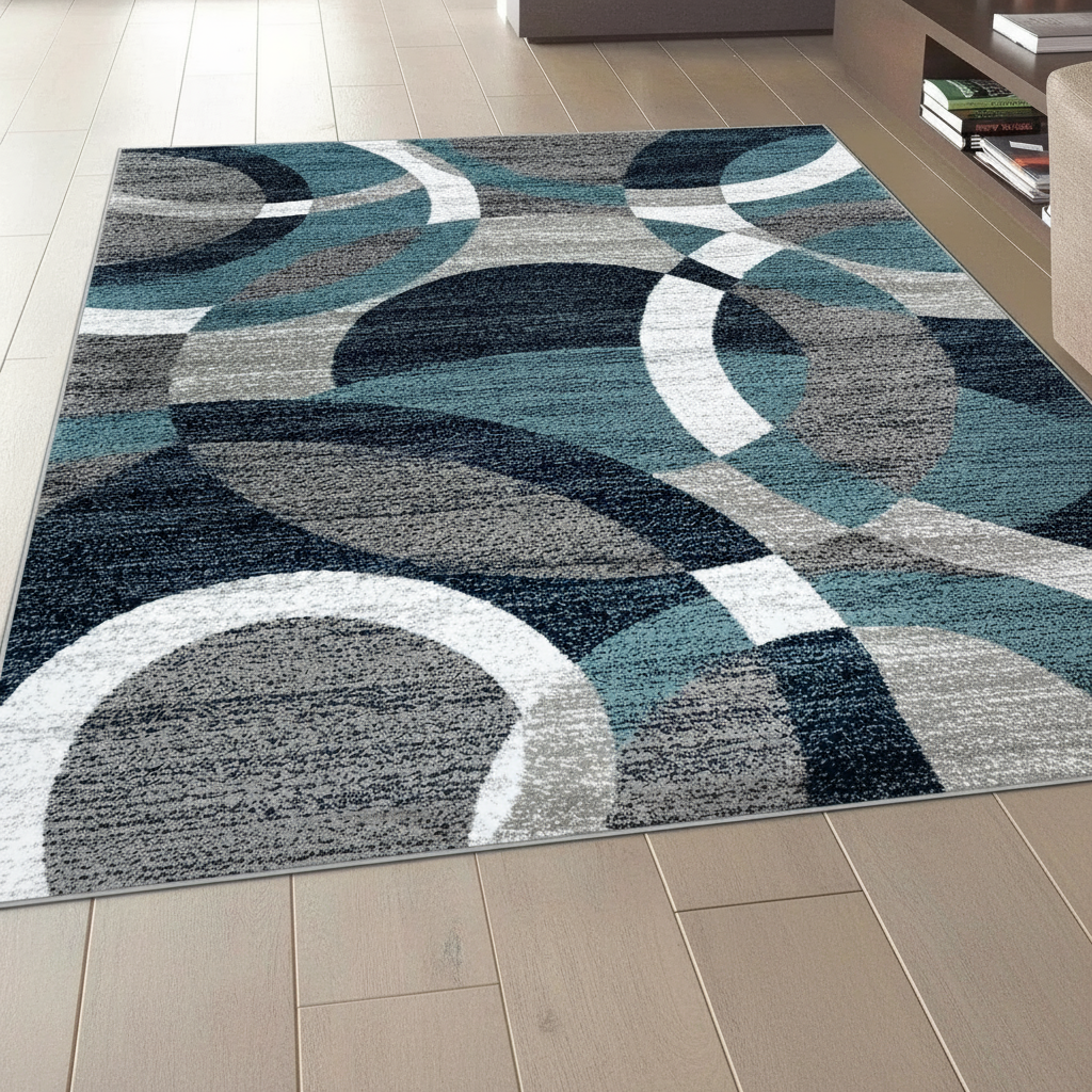 Tapis géométrique nordique cercle bleu blanc gris - Élégance et style contemporain
