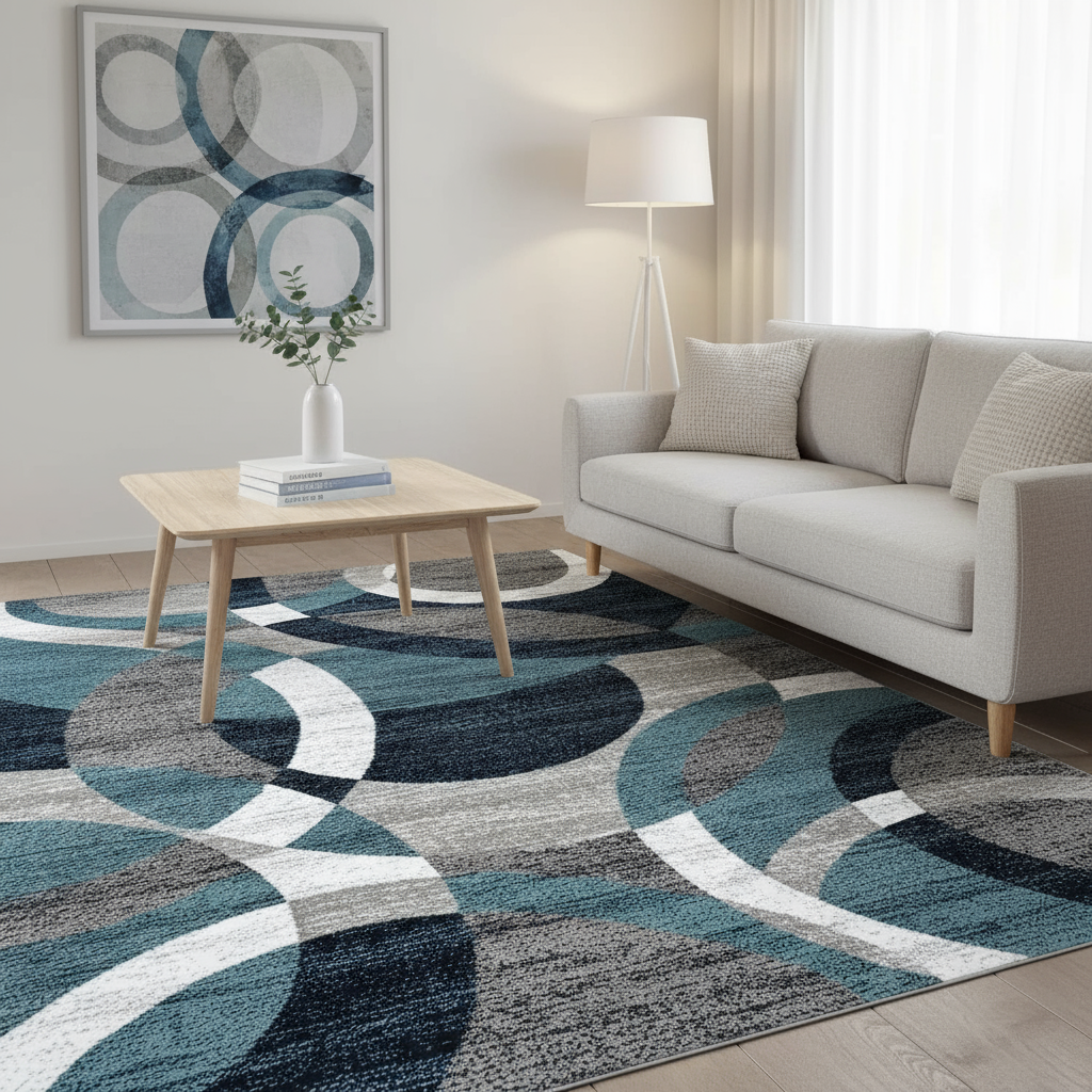 Tapis géométrique nordique cercle bleu blanc gris - Élégance et style contemporain