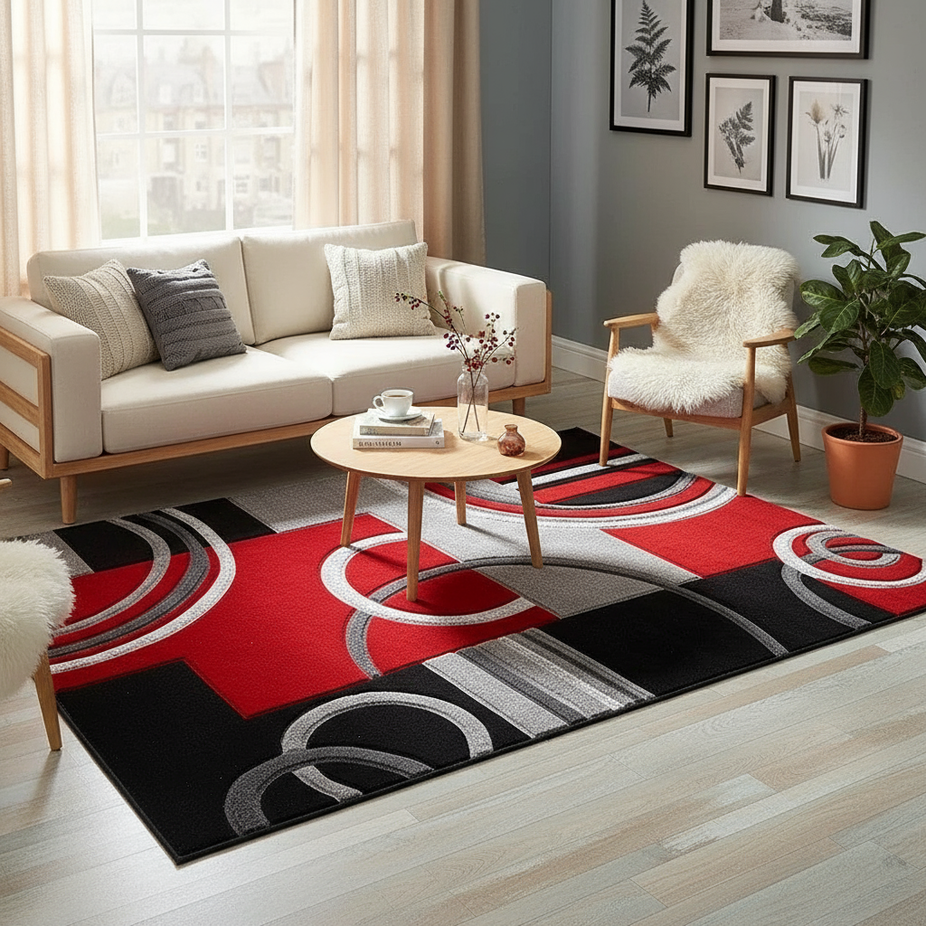 Tapis géométrique nordique rouge apaisant pour un intérieur moderne et chaleureux