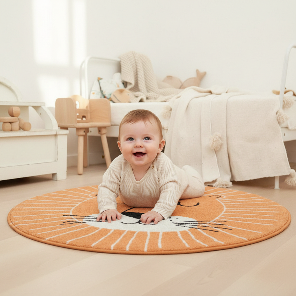 Tapis lion orange - bébé sur le ventre