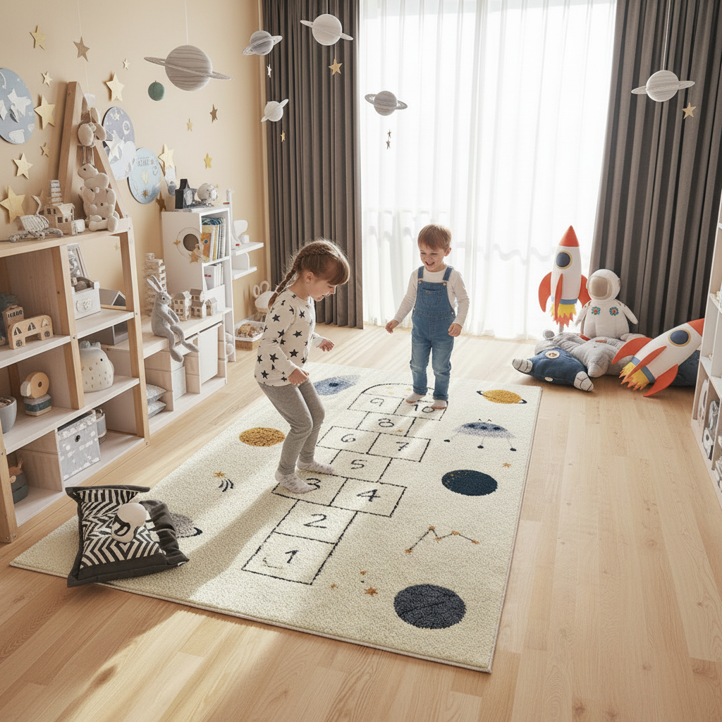 Tapis marelle espace - deux enfants