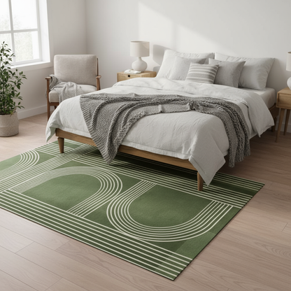 Tapis nordique géométrique vert pour chambre au style contemporain