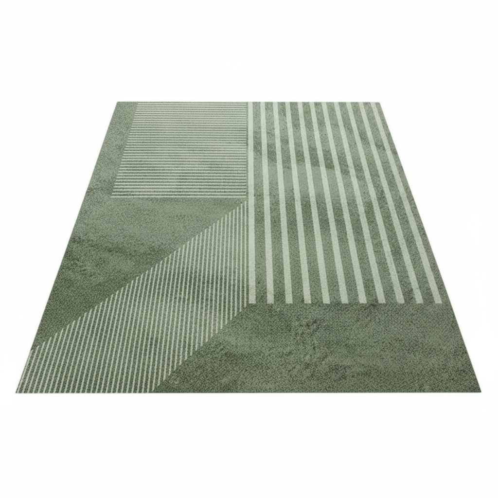 Tapis nordique rayé vert pour chambre style scandinave à rayures irrégulières