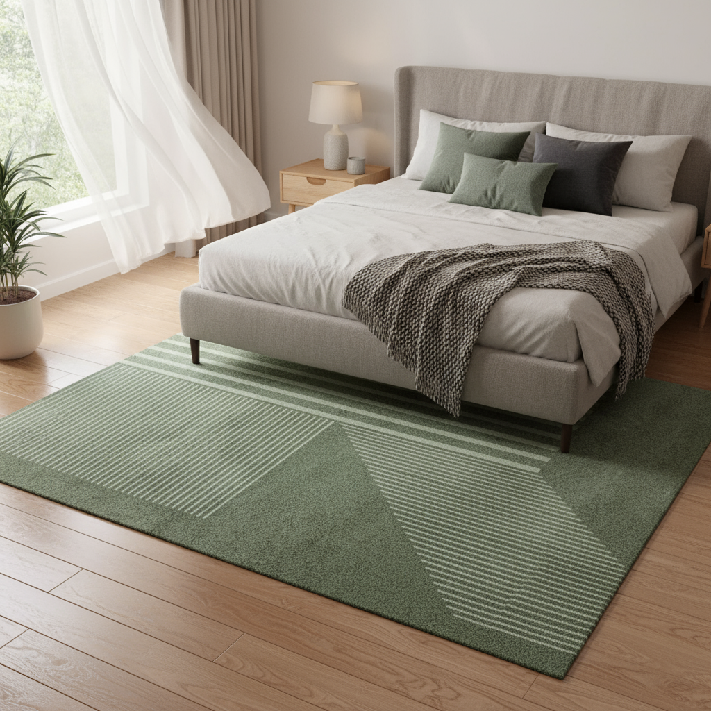 Tapis nordique rayé vert pour chambre style scandinave à rayures irrégulières