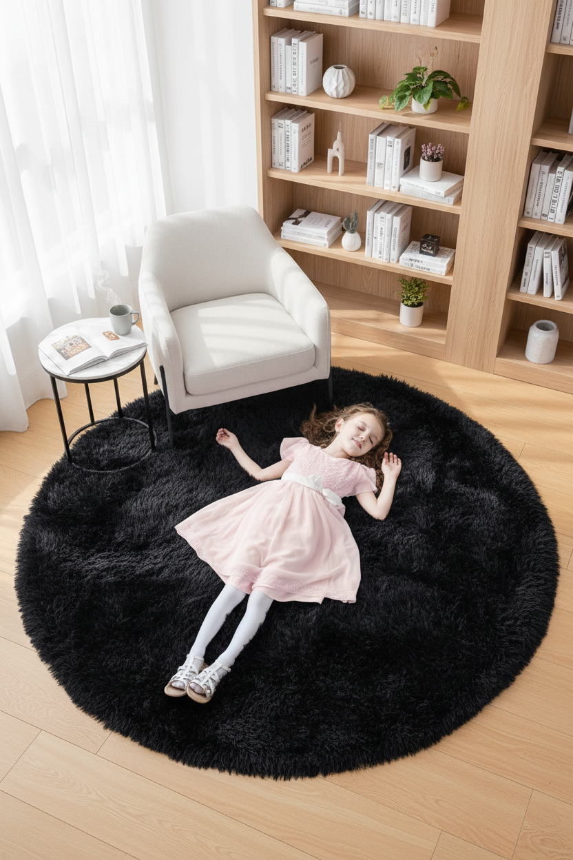 Tapis rond noir coin lecture