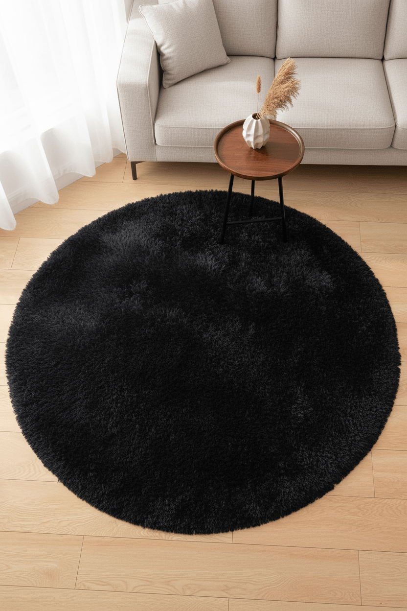 Tapis shaggy rond moelleux Noir