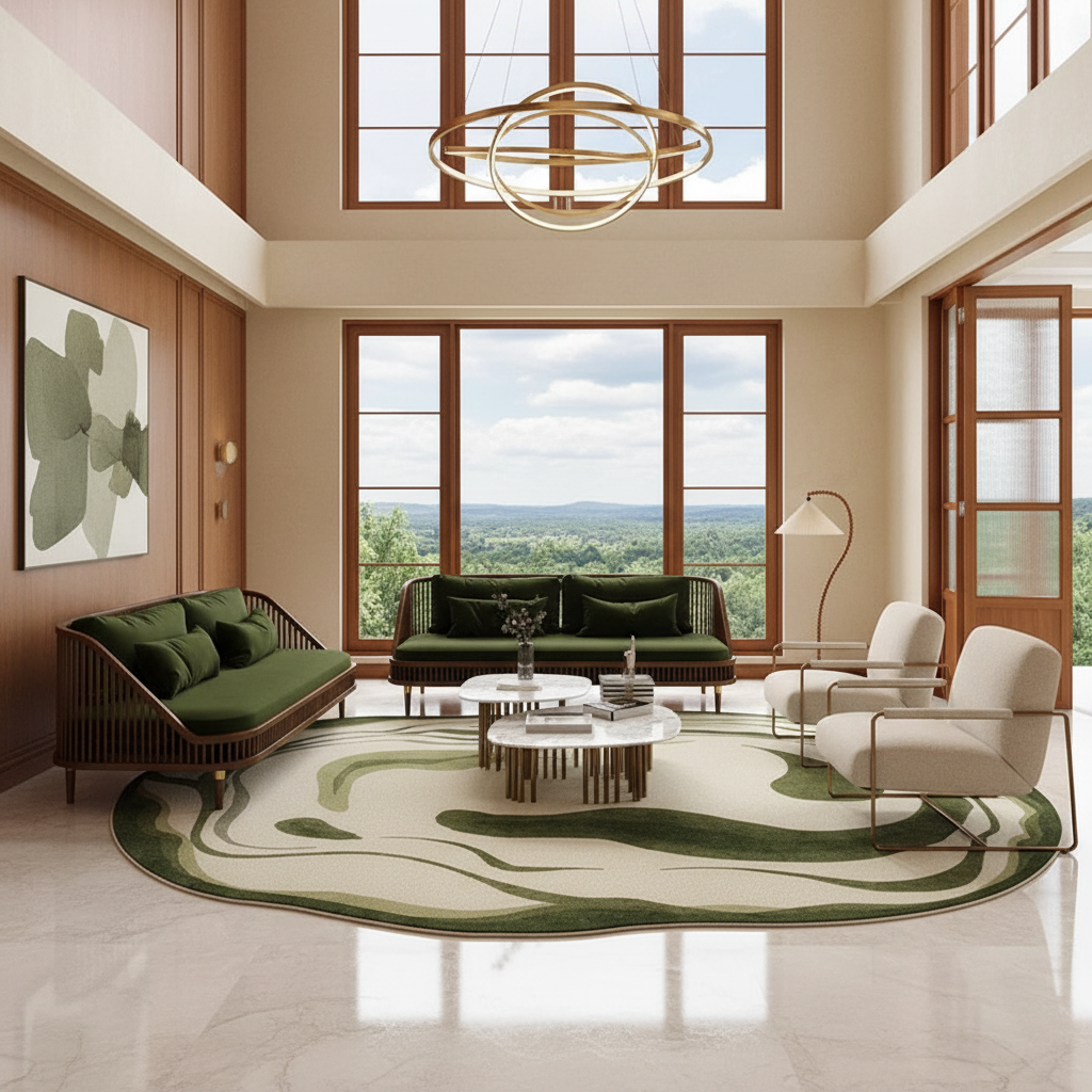 Tapis vert salon luxueux moderne ouvert design