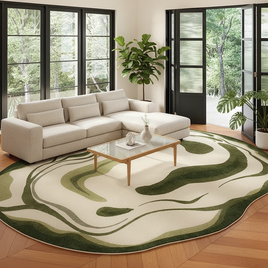 Tapis vert salon moderne lumineux baies vitrées