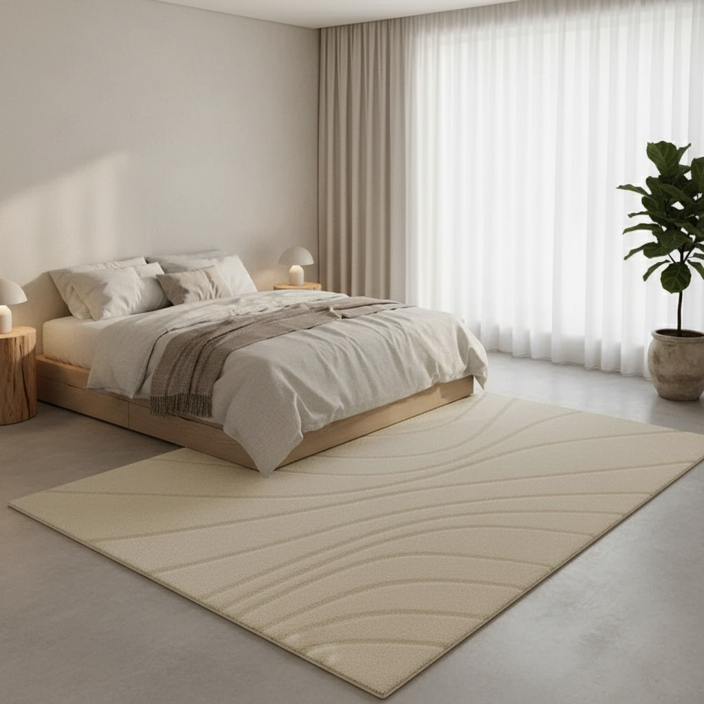 Tapis Wabi-sabi beige à motif de vagues ondulantes