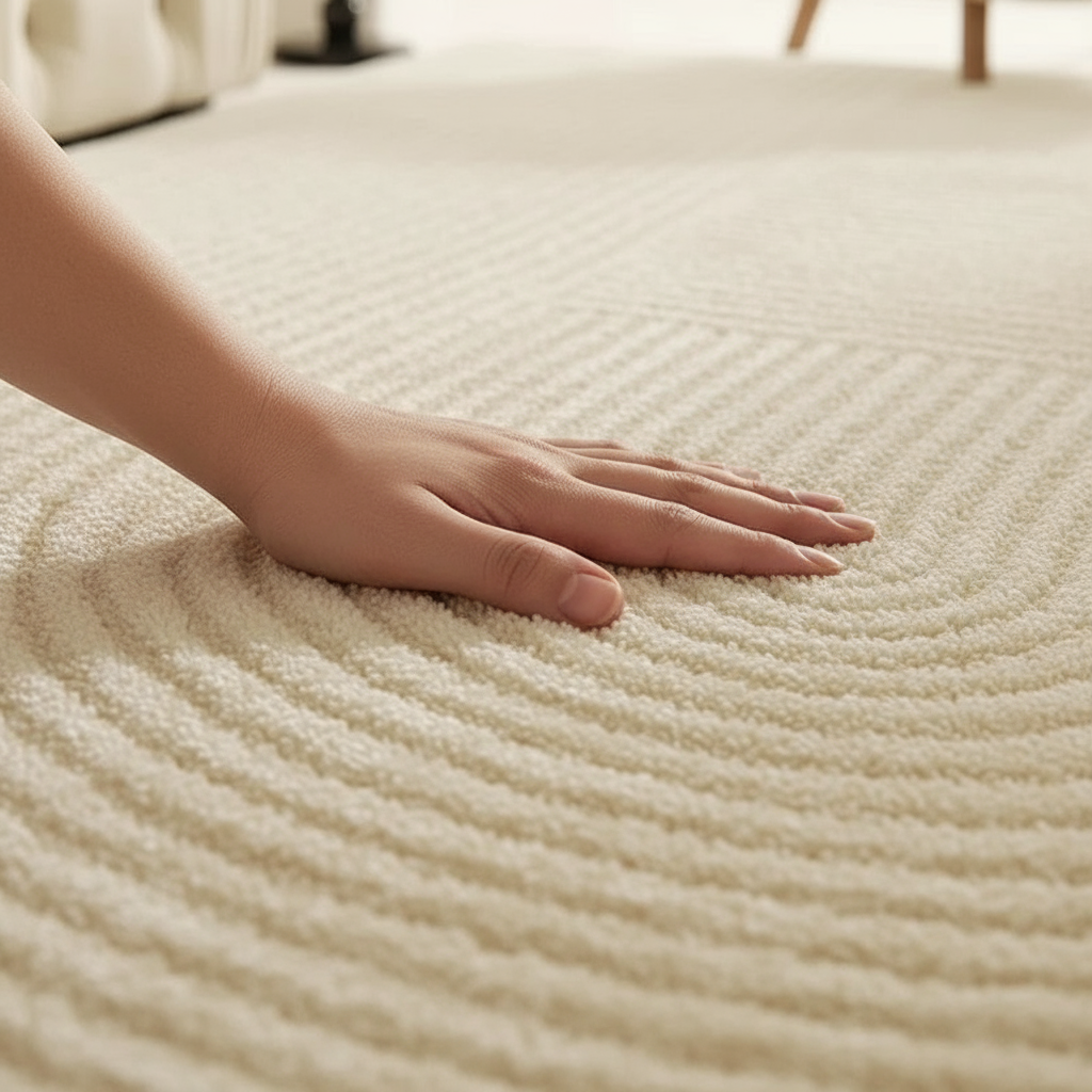 Tapis Wabi-sabi beige rayé au style unique et authentique