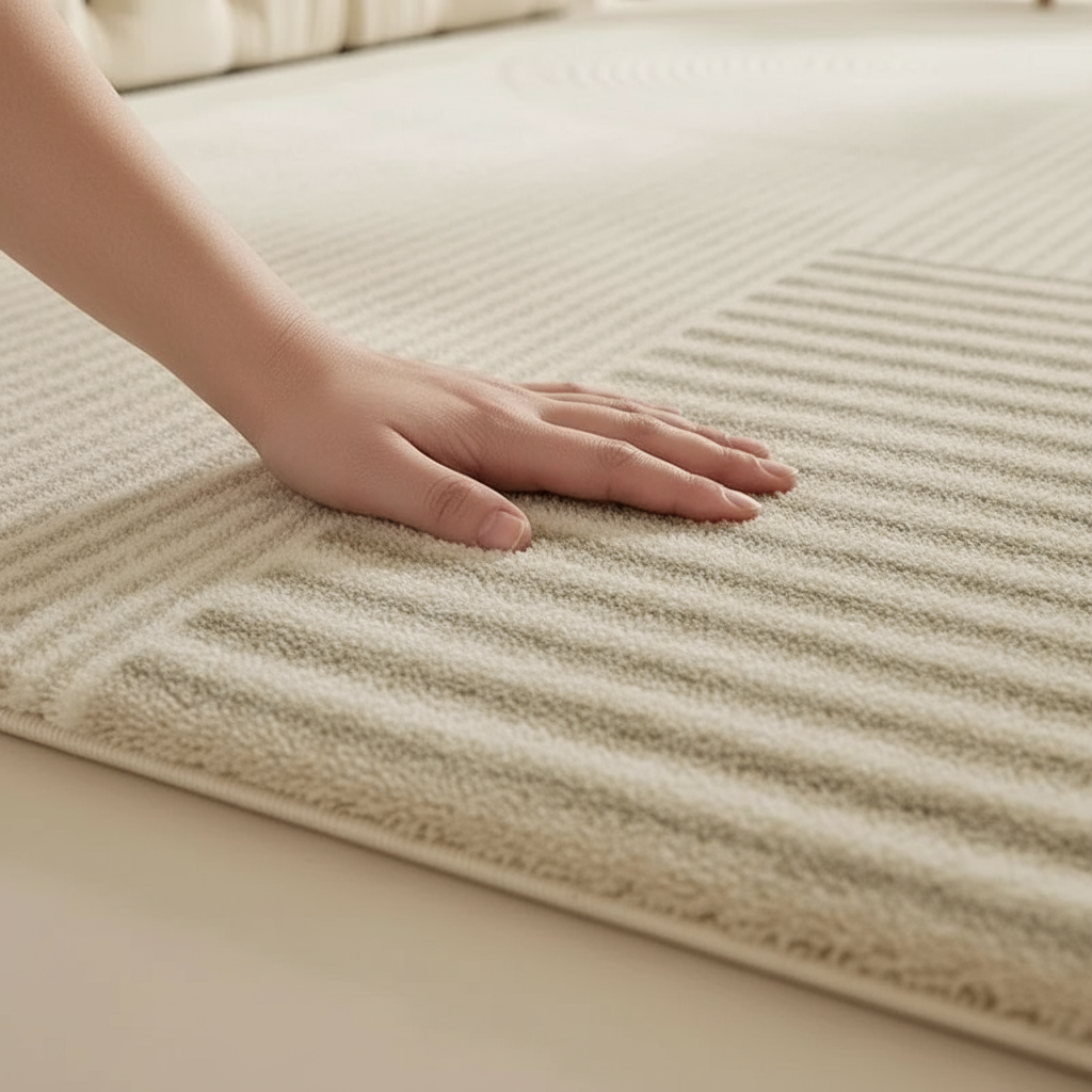 Tapis wabi-sabi rayure café beige pour un intérieur chaleureux