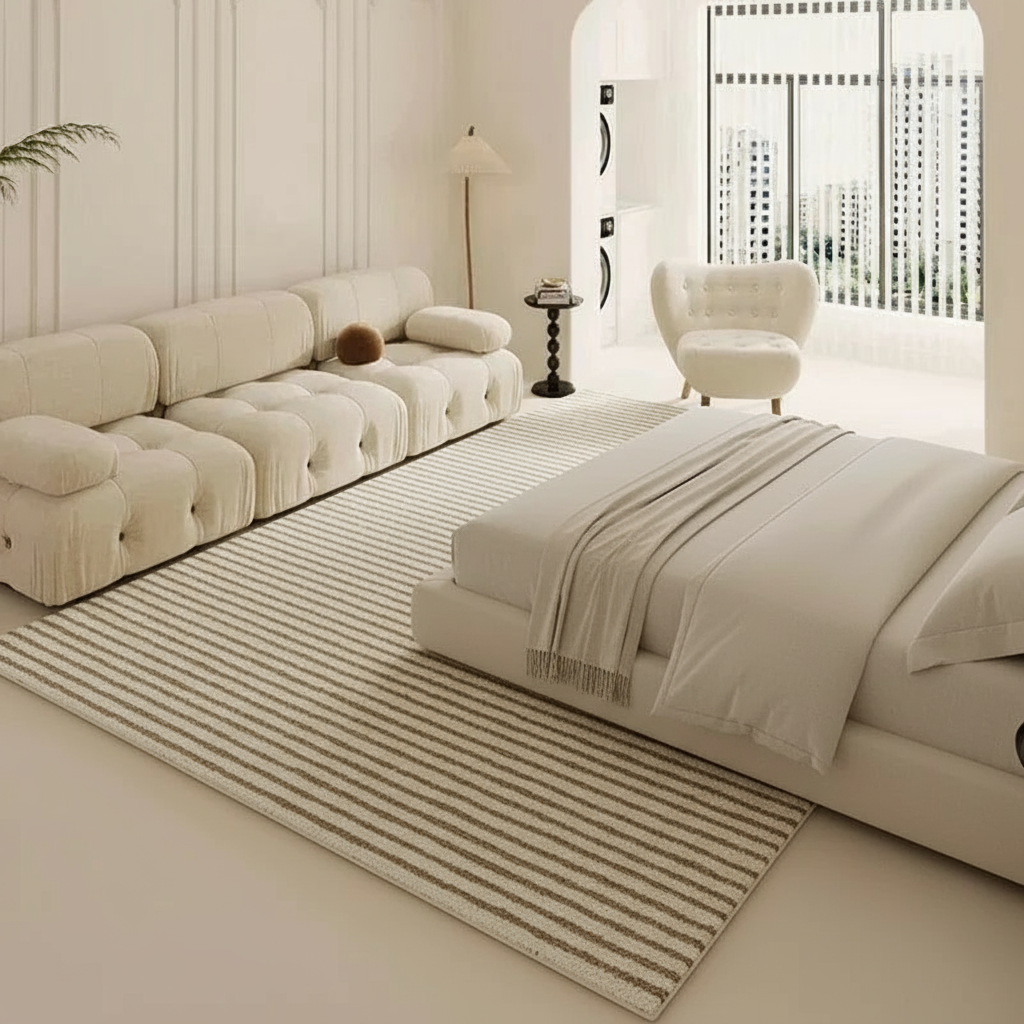 Tapis wabi-sabi rayure café beige pour un intérieur chaleureux