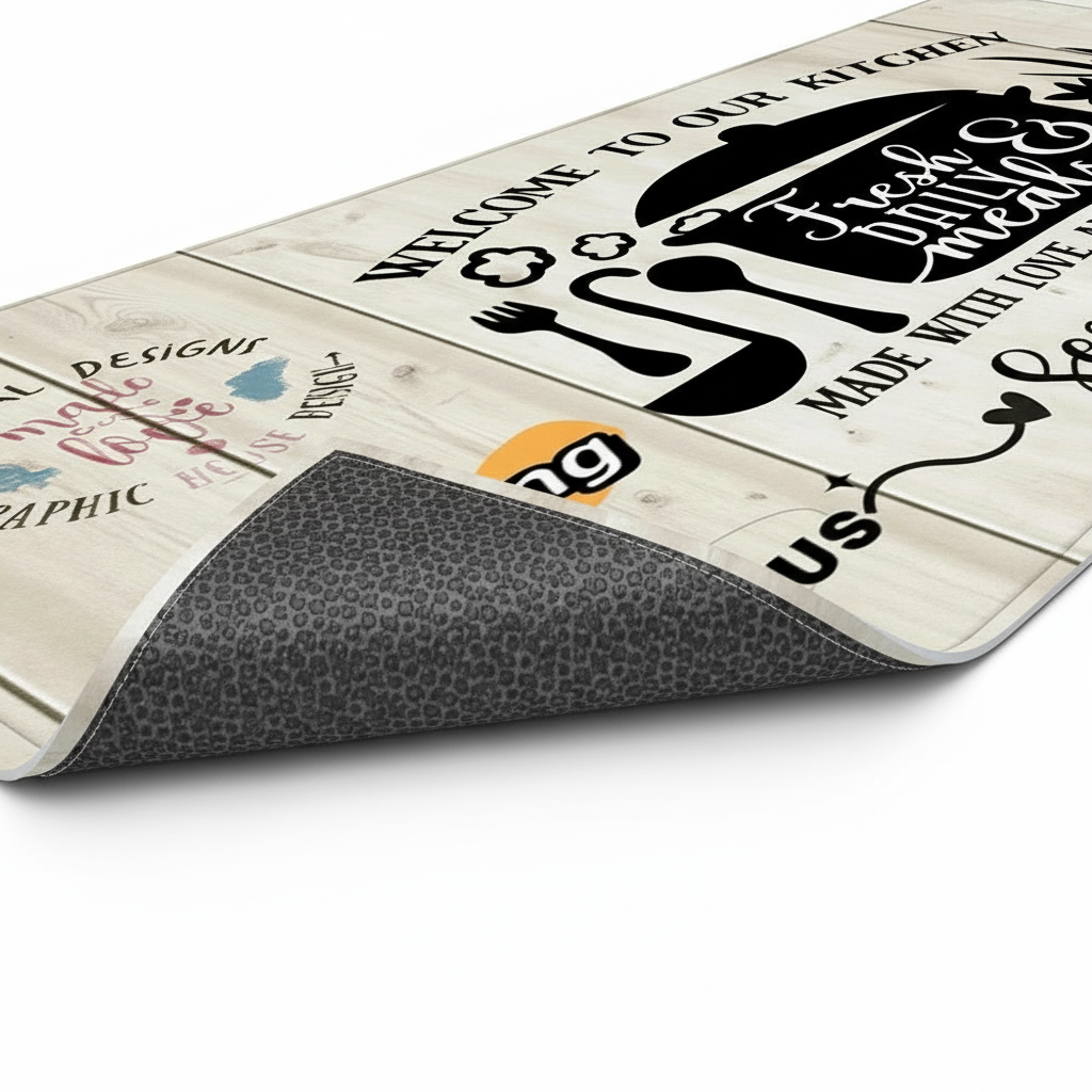 Titre : Tapis de cuisine décoratif "Welcome to our Kitchen Served Here"
