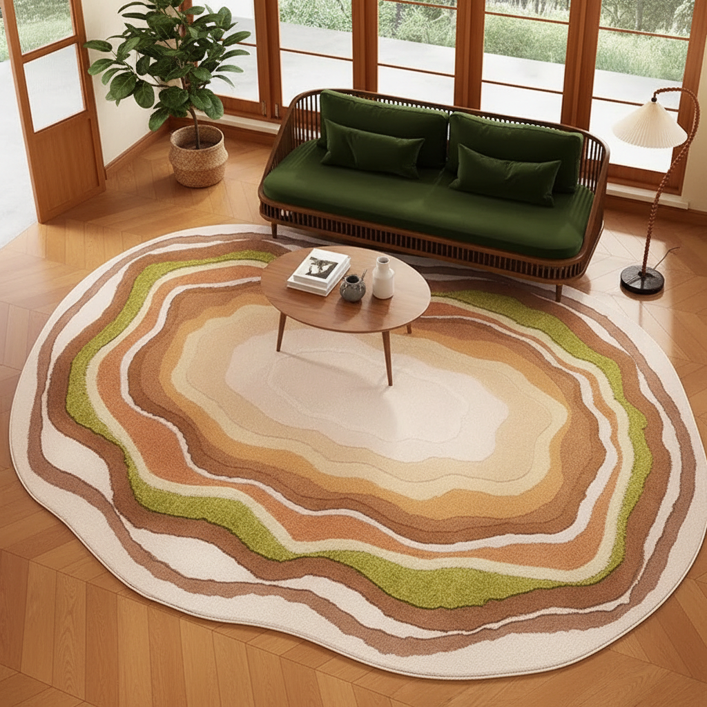 Vue aérienne salon avec tapis cœur d'arbre